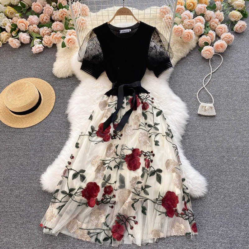 Smlinan Summer Patchwork Embroidery Floral Mesh Dress Women O Neck Short Sleeve Bandgae Midi Dress Elegant Evening Party Dresses alx