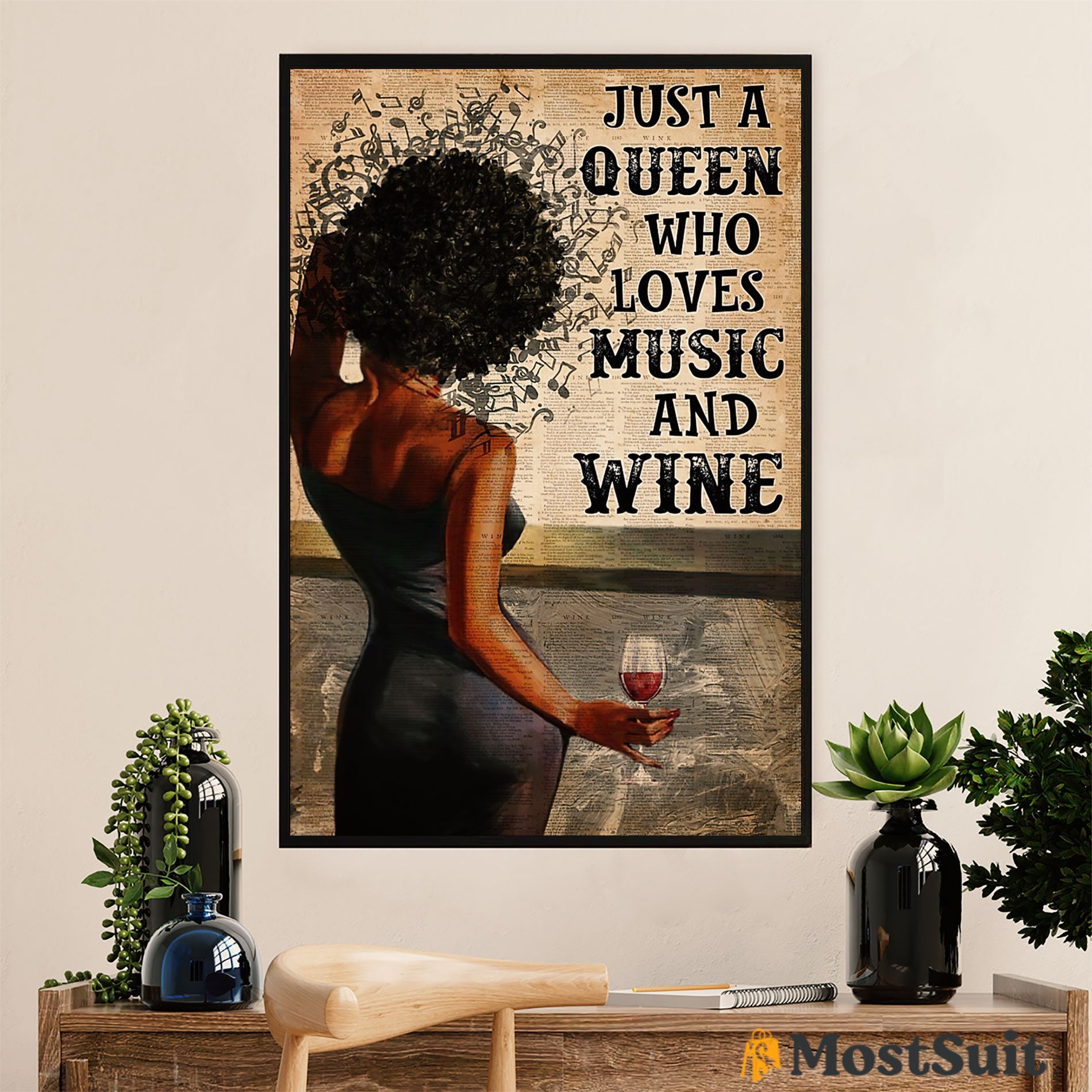 African American Afro Poster | Gift For Black Girl | Juneteenth Day Room Wall Art – Black Queen Loves Music Wine