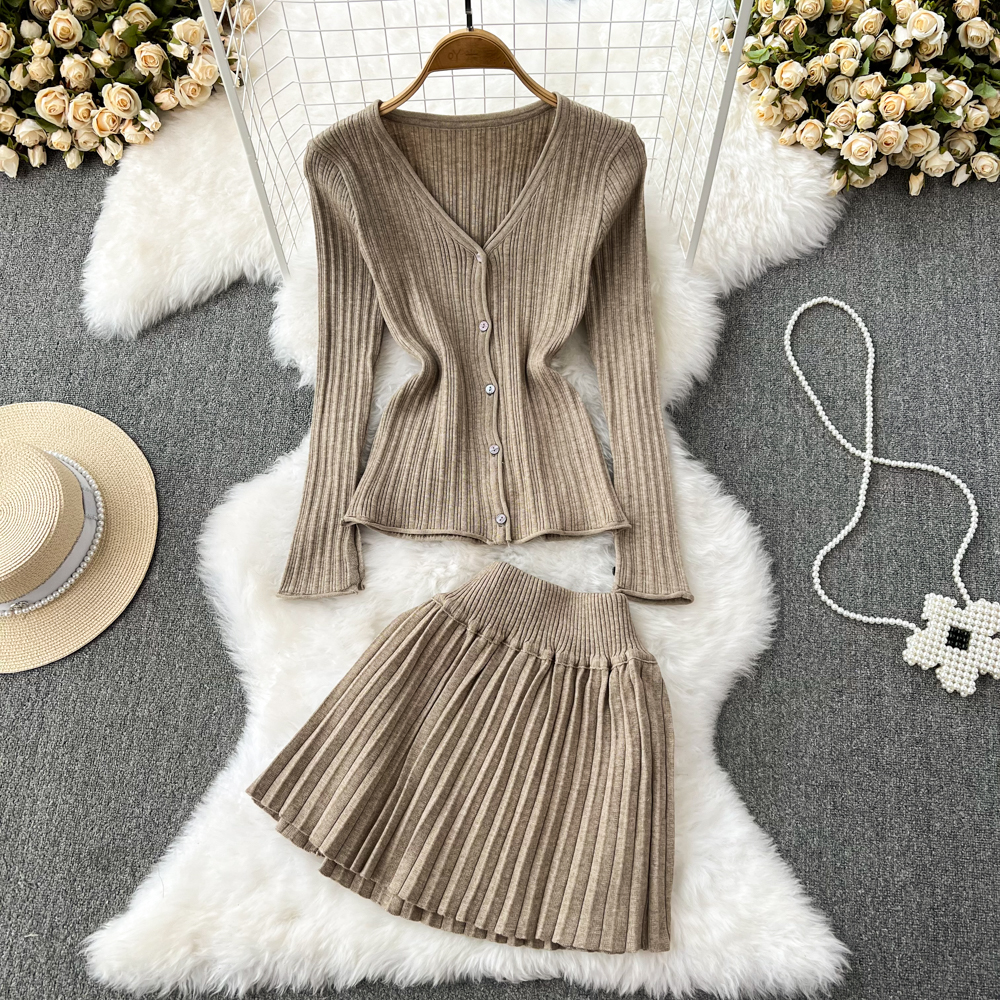 Autumn Skirt Sets for Women Pleated Folds Slim Knitted Long Sleeve Single Breasted Tops + A-Line Pleated Dress Office Lady Sport alx