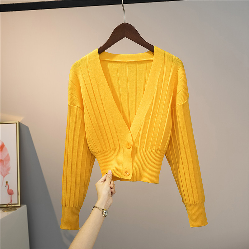 UHYTGF Cardigan Sweater Women Knit Sweater Coat Spring Autumn Clothes Woman Sweaters Long Sleeve Short Sweater V-neck Tops 891 alx