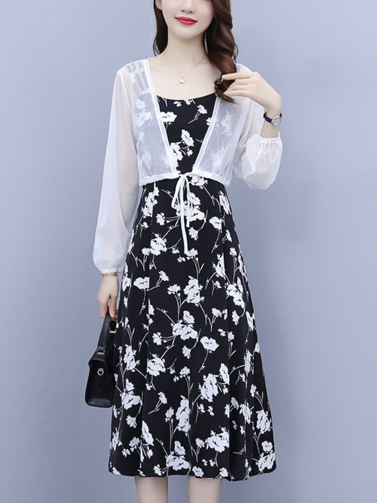 Summer 2022 Women Dress Sets V-neck Floral Sleeveless Chiffon Dresses and Chiffon Blouse Elegant Female Suits J281 alx