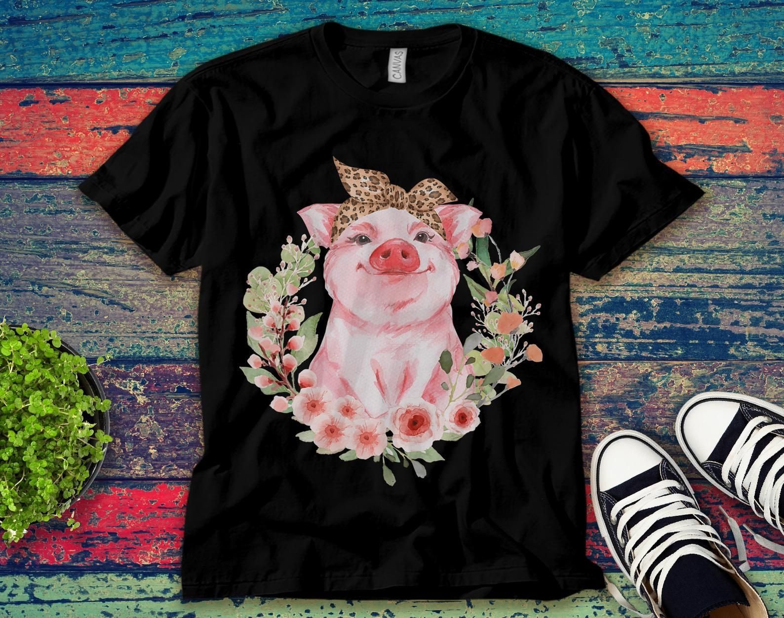 Pig With Leopard Headband Flower Cute Pig Funny Unisex T-Shirt Unisex Adult Bella Shirt Ke7323