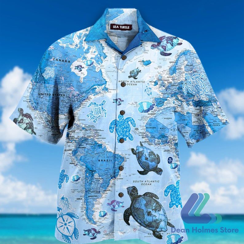 Turtle Blue Map Blue Unique Design Hawaiian Shirt Dhc18063947