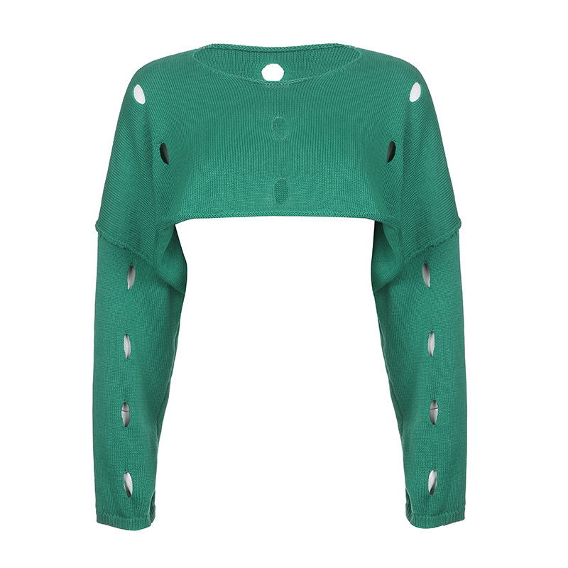 Spice Girl’s Super-Short Waist-Exposed Fashion Ripped And Baggy Sweater Women Crop Top Streetwear Y2K Green Pullover Blouse alx