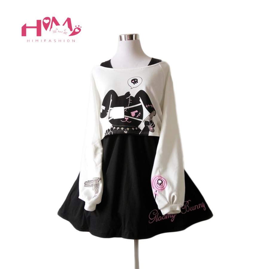 Black Comic Rabbit Dress Teens Girls 2 Pcs Suit Sweet Cotton Dress Short Cute Bunny Print Long Sleeves Japanese Lolita Dress