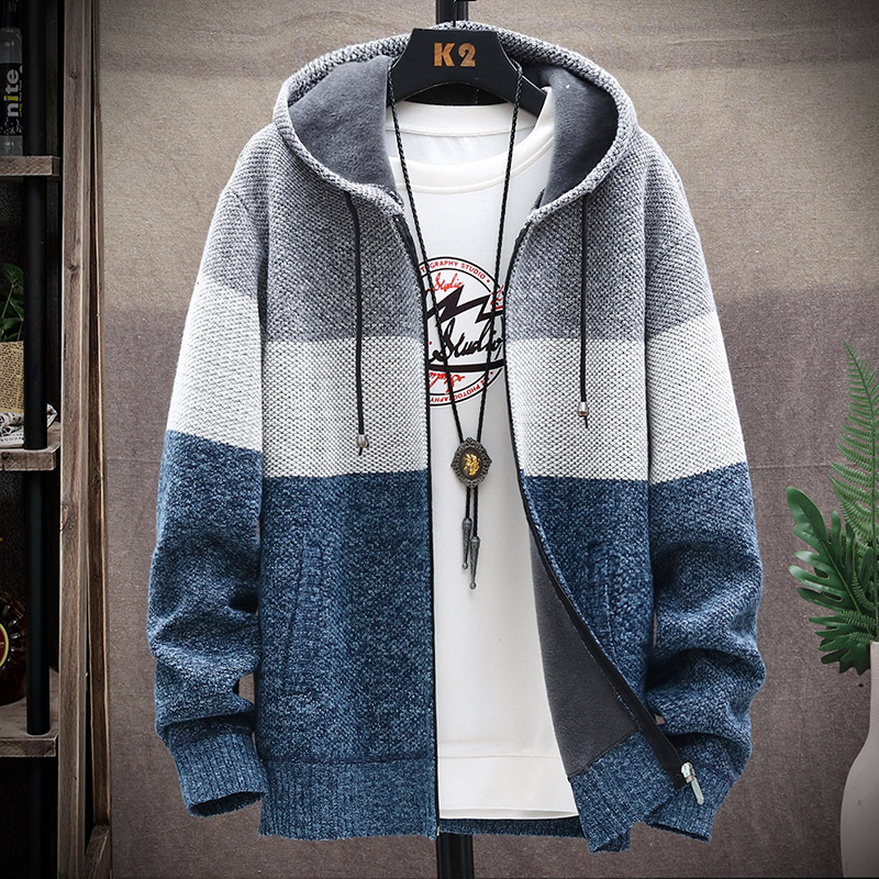 2022 Autumn Korean Hooded Men’s Sweaters with Thick and Velvet Men’s Cardigan Knitted Sweatercoats Patchwork Jacket Male M-4XL alx