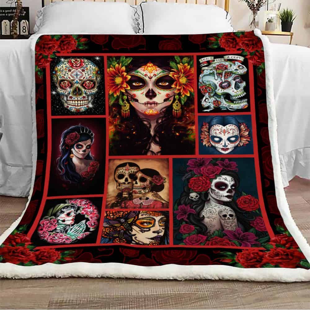 Sugar Skull And Flower Girl GS-CL-LD1401 Sherpa Fleece Blanket