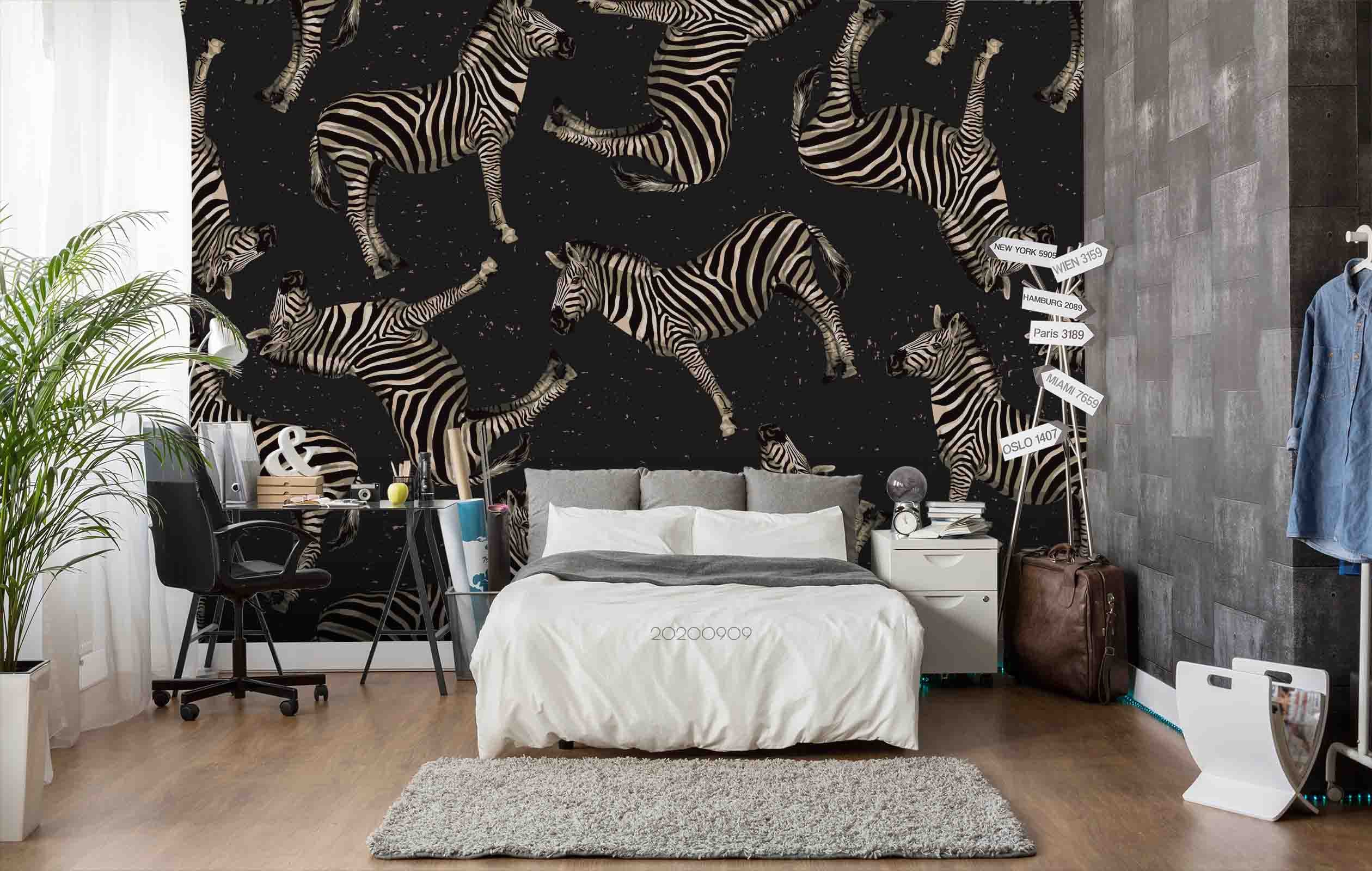 3D Zebra Animal Pattern Dark Wall Mural Wallpaper Lxl