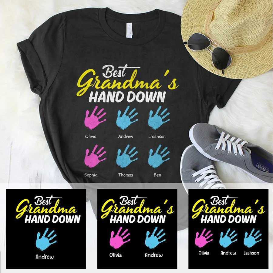 Personalized Best Grandma’S Hand Down T Shirt, Grandma With Grandkids Shirt