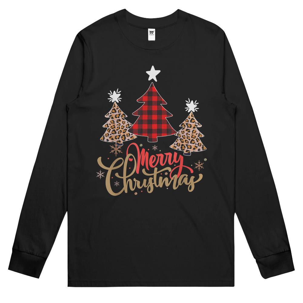 Women Leopard Plaid Christmas Tree Merry Christmas Long Sleeve T Shirts