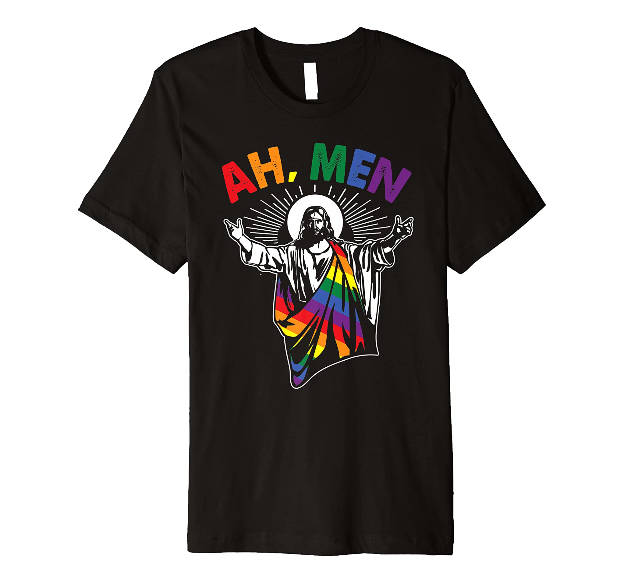 Ah Men Funny Lgbt Gay Pride Jesus Rainbow Flag Christian Premium T-Shirt