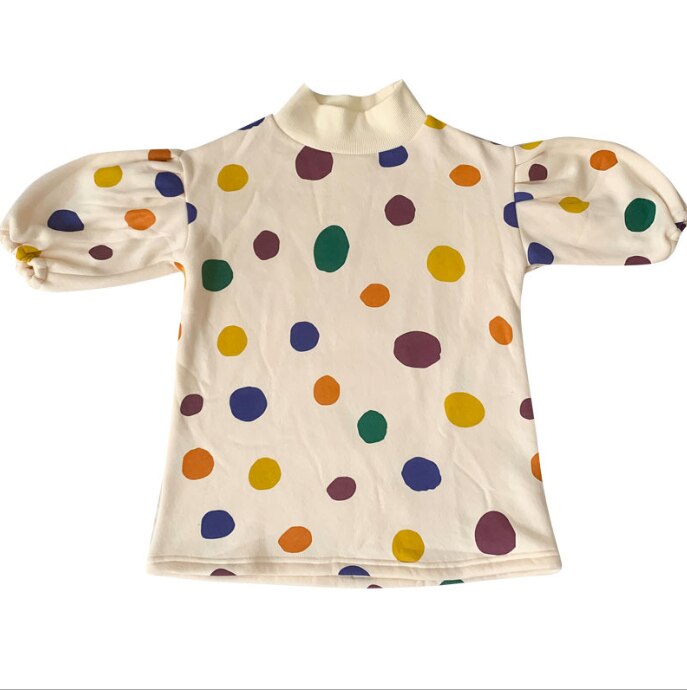 Autumn Winter 2022 fashion girls colorful dot printing loose dress puff sleeve fleece lining warm casual dresses alx