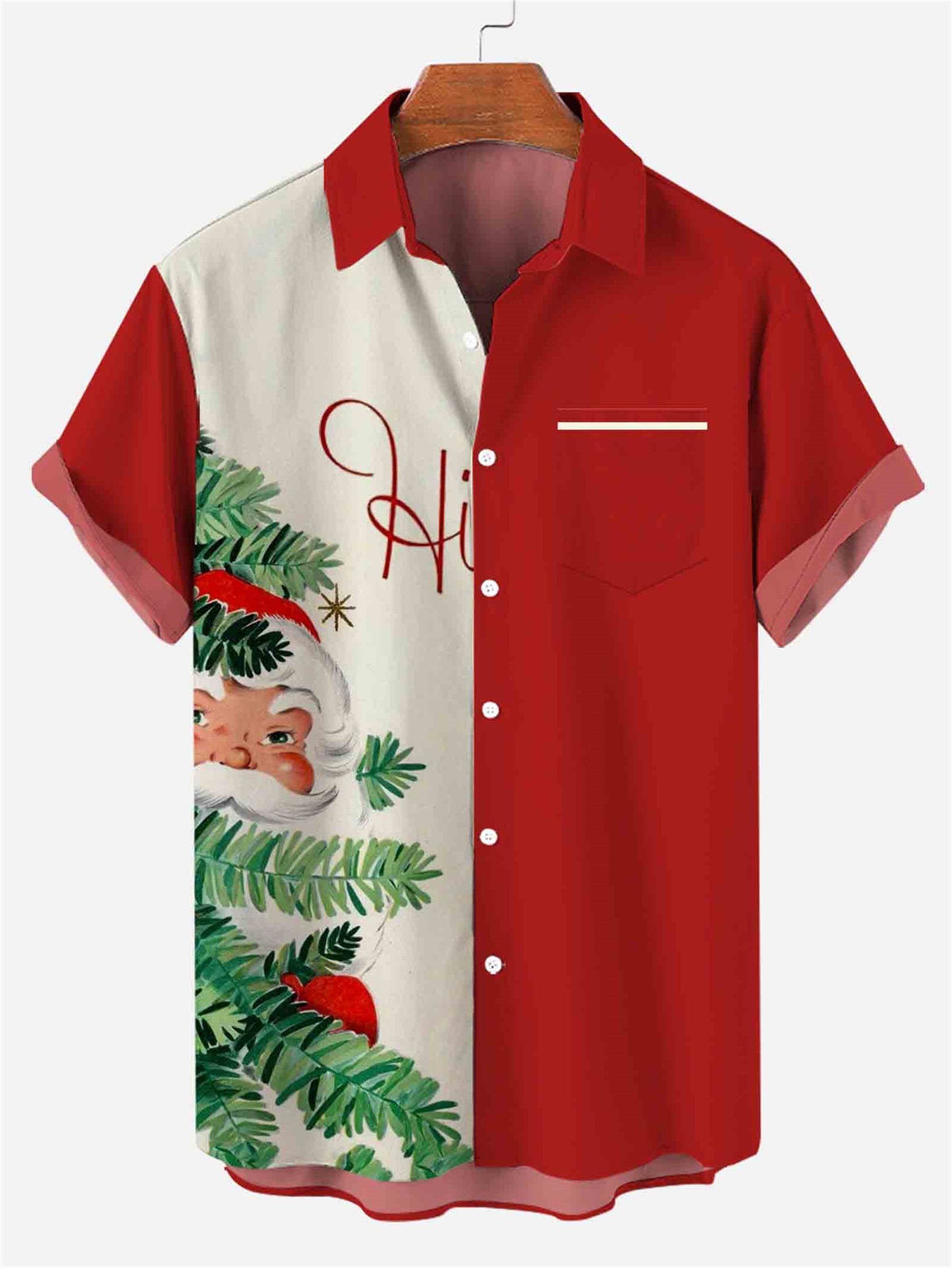 Men Christmas Holiday Santa Print Pocket Front Short Sleeve Hawaiian Shirt Aloha Shirt