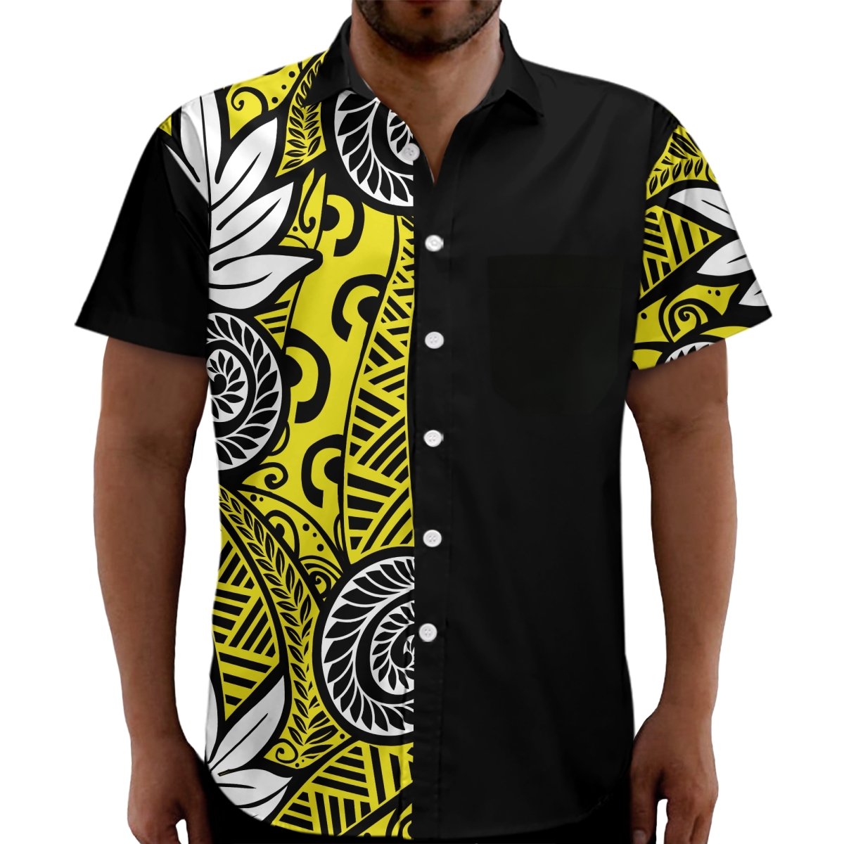 Polynesian Samoan Half Black Yellow White Hawaiian Shirt Plhw0007