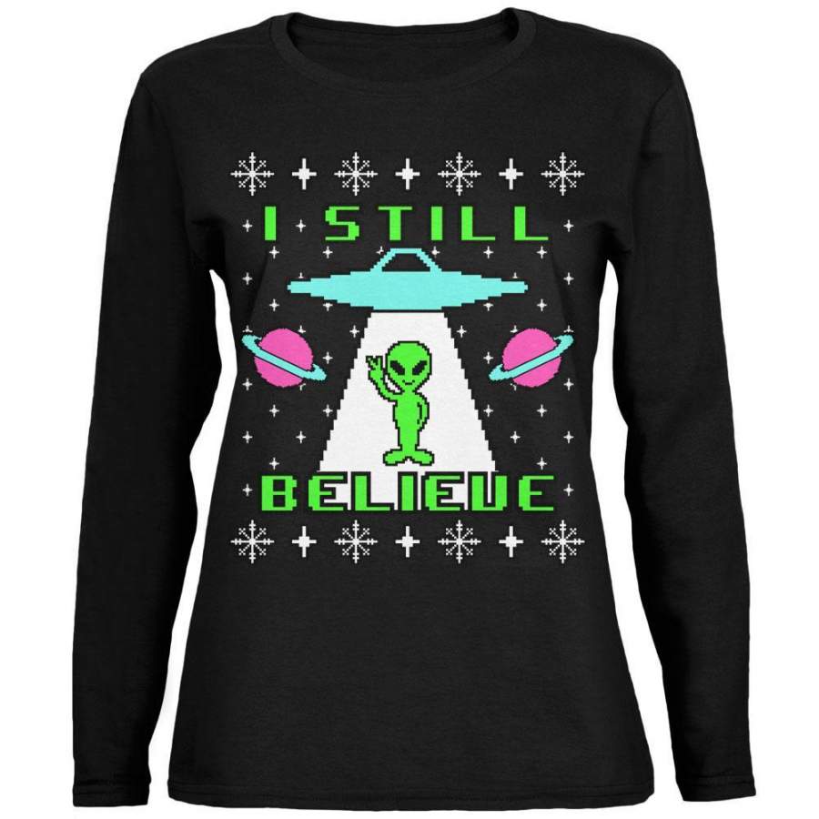 Alien I Still Believe Ugly Christmas Sweater Ladies’ Relaxed Jersey Long-Sleeve Tee