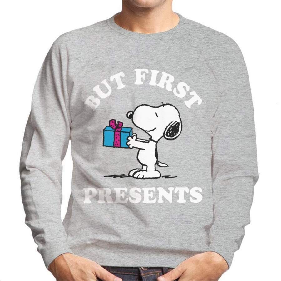 Peanuts Christmas But First Presents Snoopy Men’s Sweatshirt