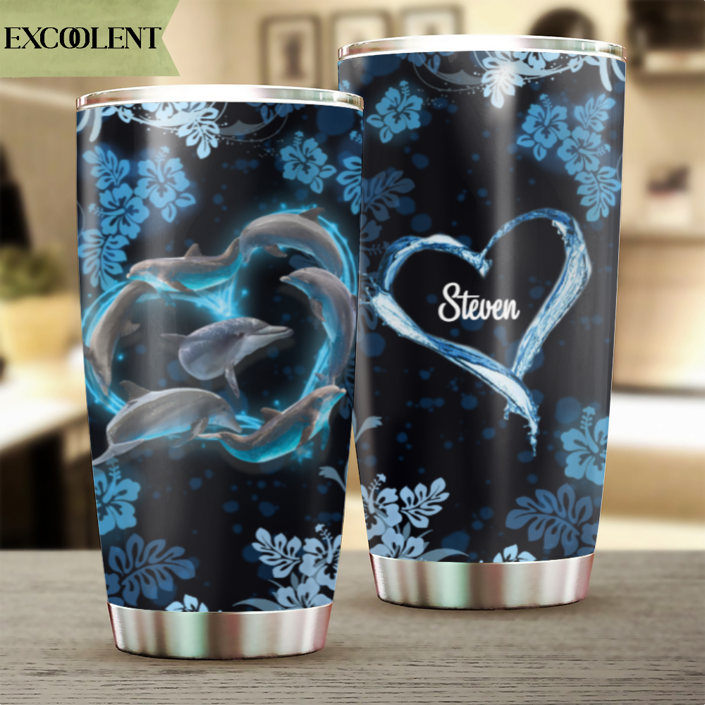 Excoolent Personalized Tumbler For Him/Her, Unique Gift With Personalized Name – Dolphins With A Heart – Stainless Steel Tumbler