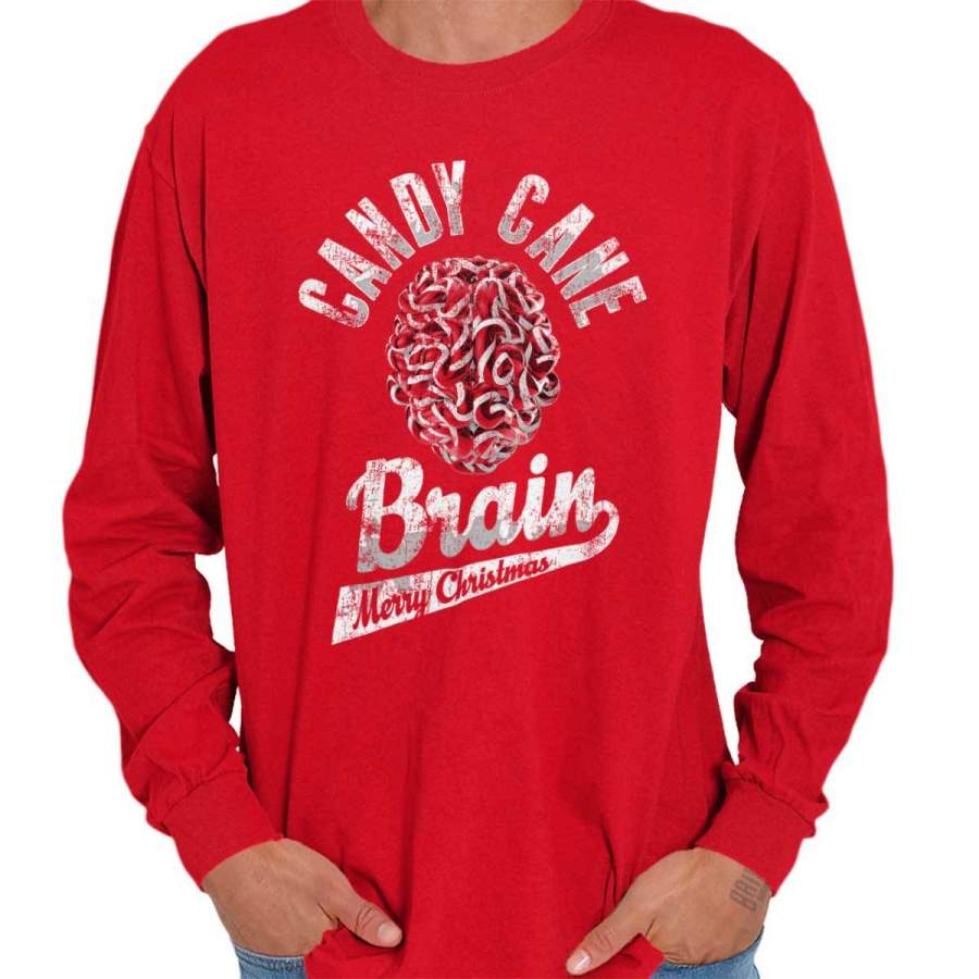 Candy Cane Brain Trendy Cool Fashion Funny Christmas Long Sleeve Tee