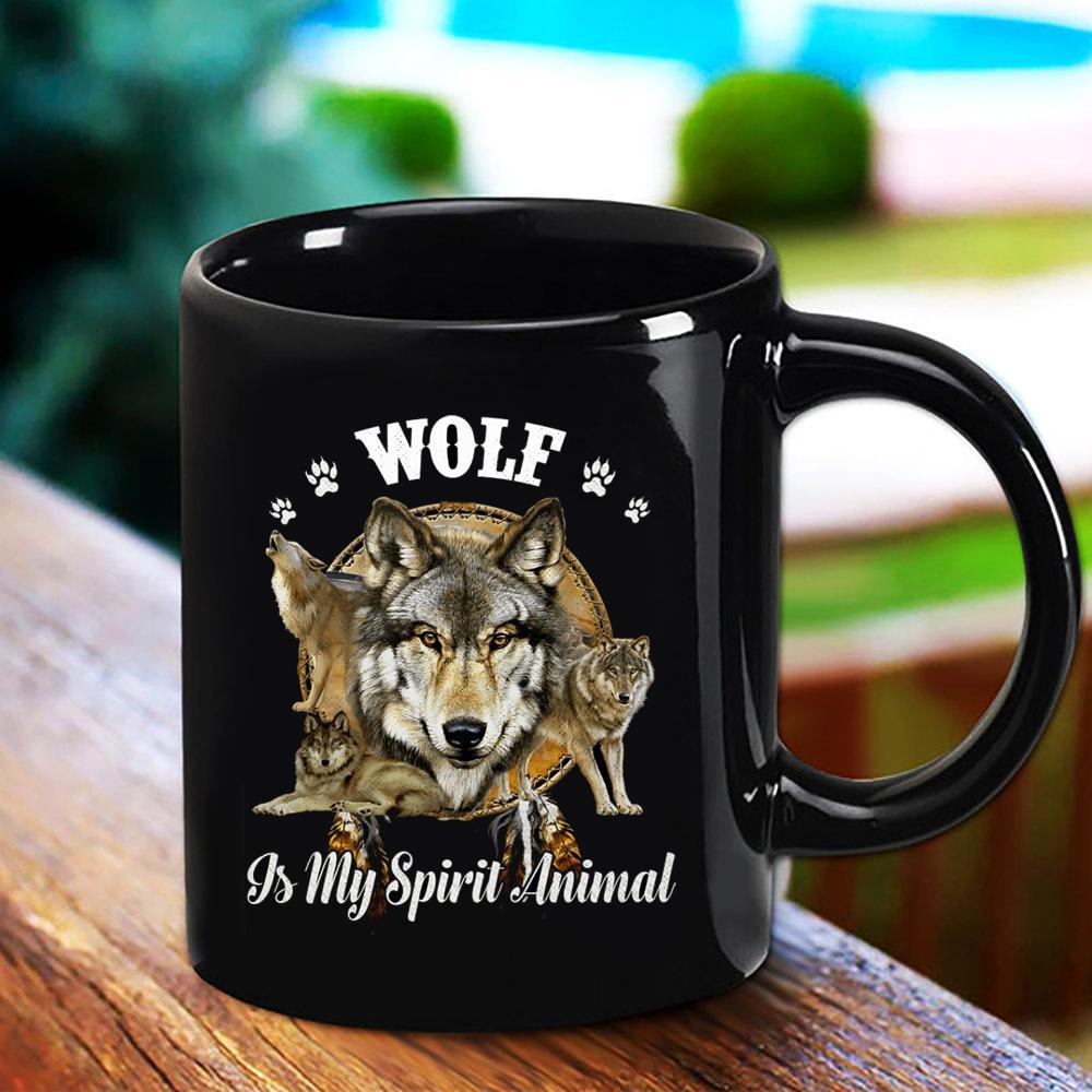 Wolf Is My Spirit Animal Wolf Feather Animal Lovers Black Mug Ceramic 11Oz 15Oz Coffee Tea Cup