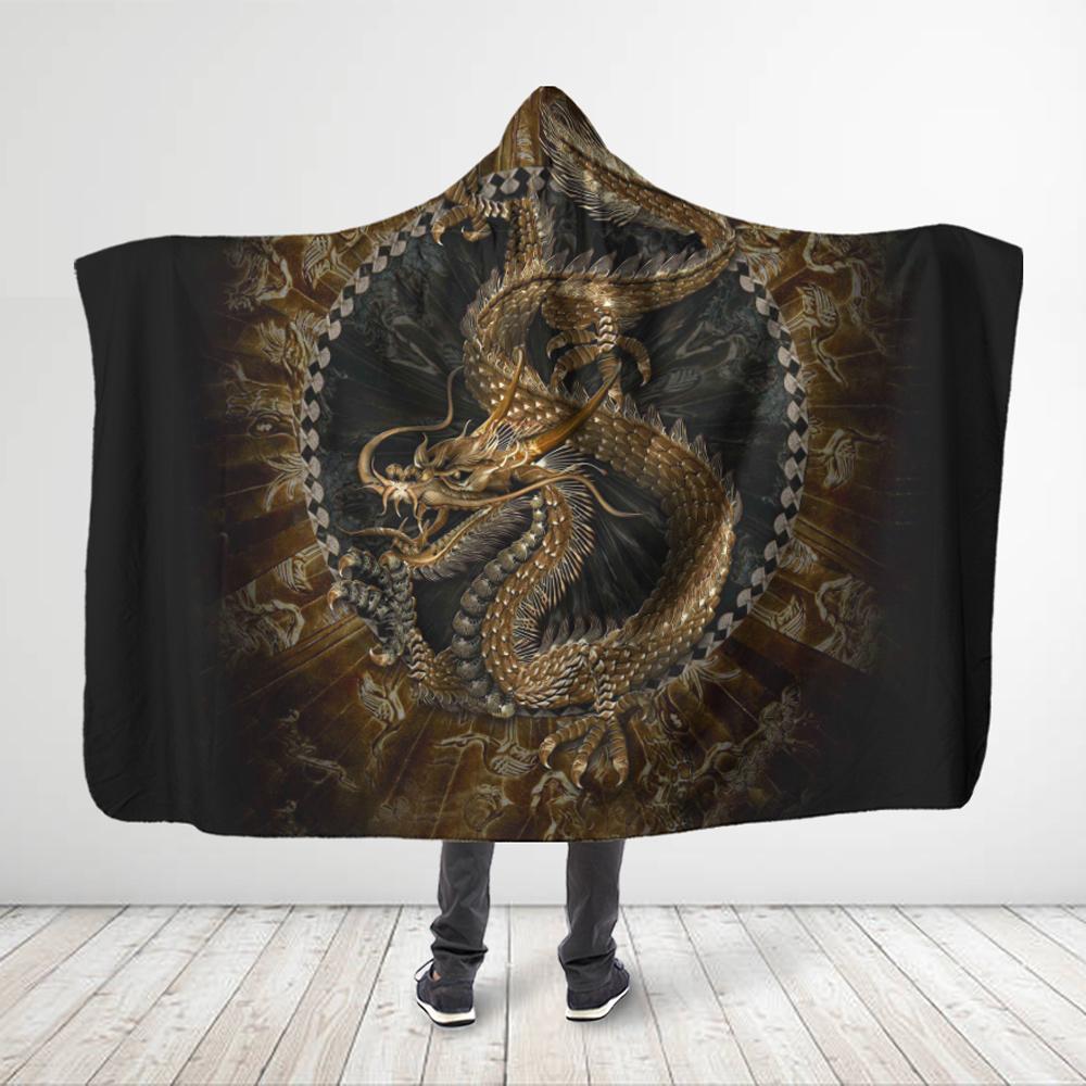 ViticStore™ Horned Dragon Golden Black 3D All Over Print Hooded Blanket for Dragon Lovers