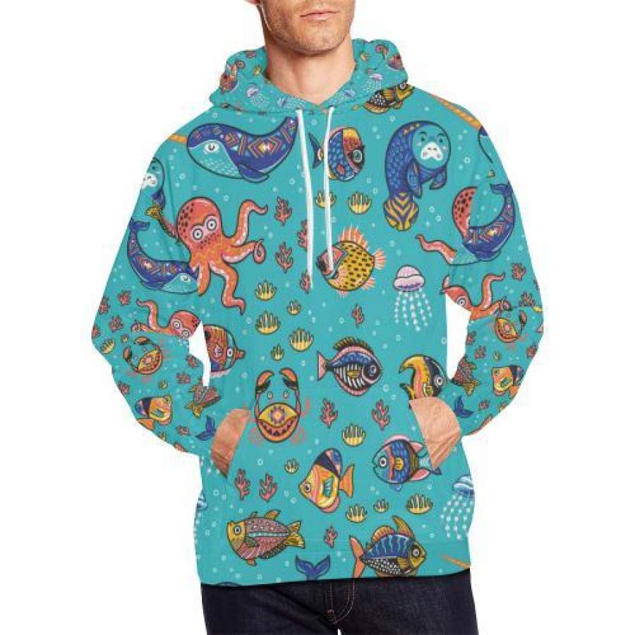 Manatee Whale Fish Octopus Pattern Print Men Pullover Hoodie