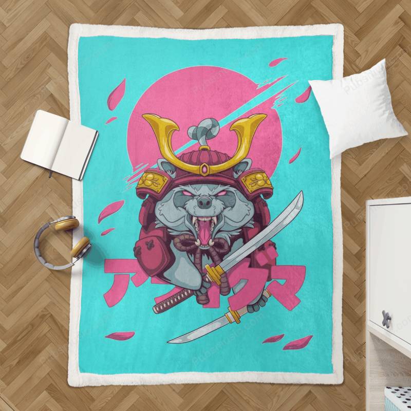 Samuraccoon Animal Warrior – Japanese Pop Art Sherpa Fleece Blanket