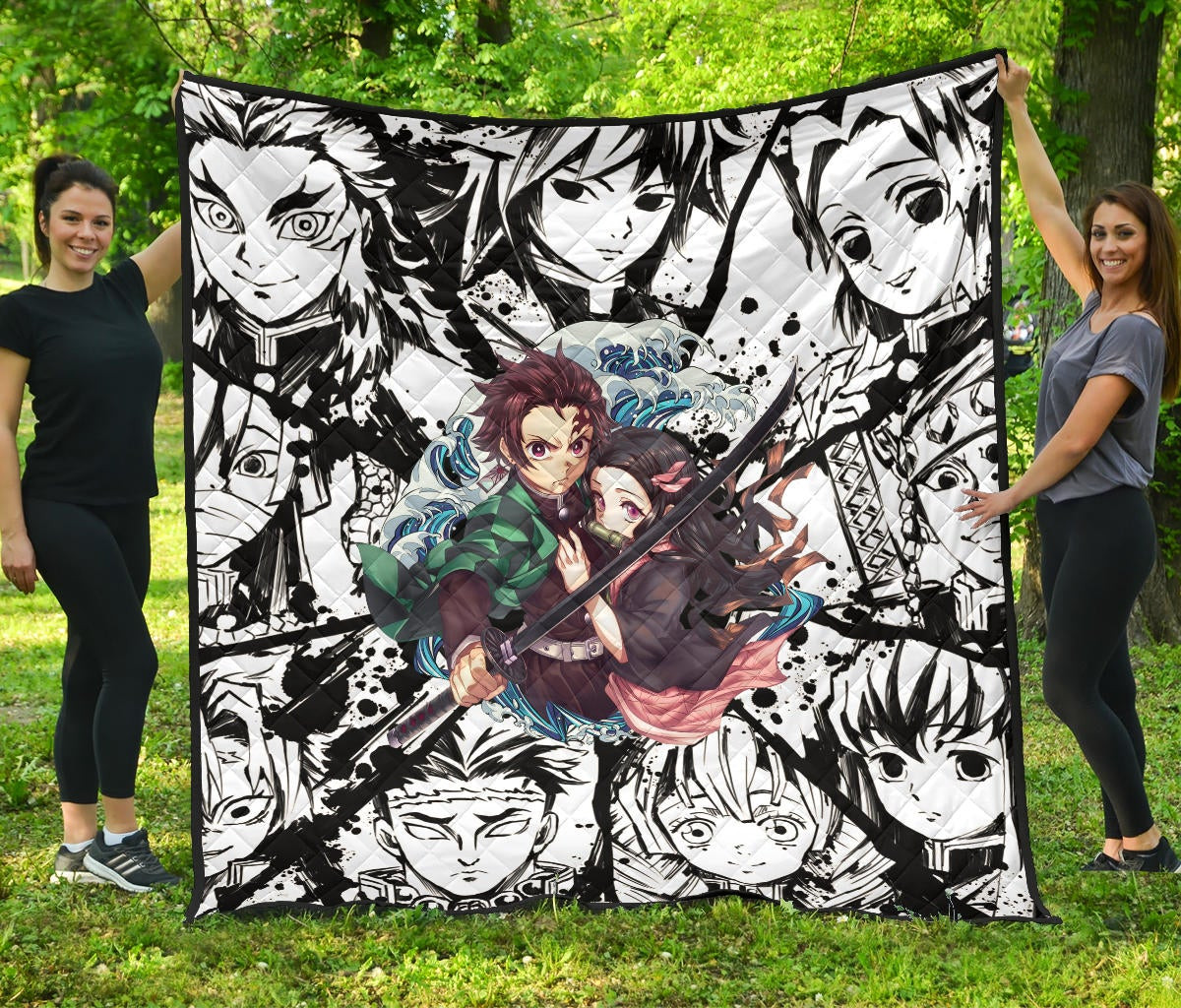 Demon Slayer Anime Tanjiro Protect Nezuko Vs Villains Black White Premium Quilt Blanket