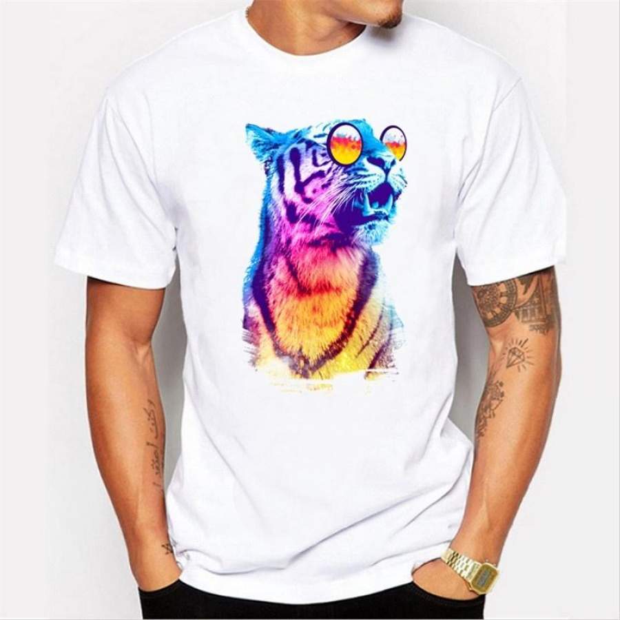 Fashion New Summer Men T-Shirt Unique Painted Animal Tiger Printed Loose Short-Sleeved Round Neck White T-Shirt