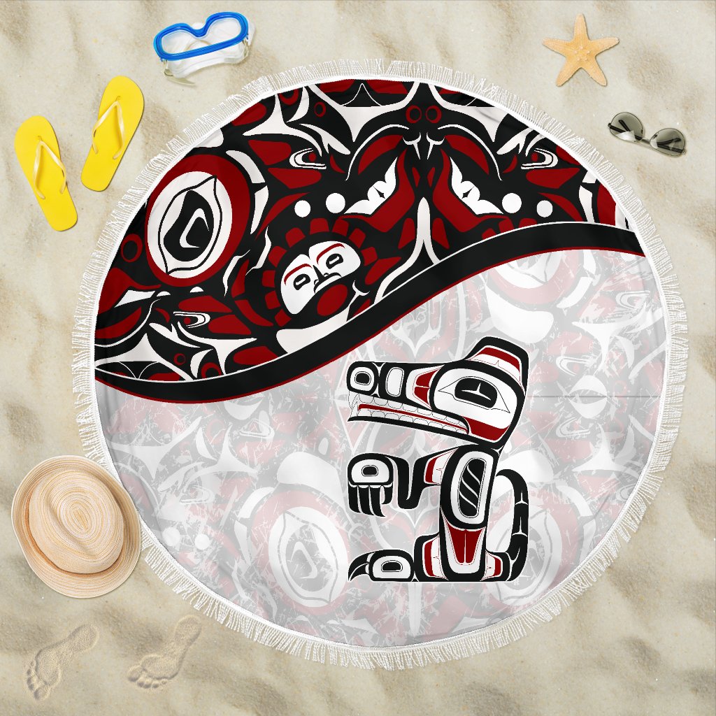 1stCanada Beach Blanket – Haida The Wolf Style Tattoo (White) A02