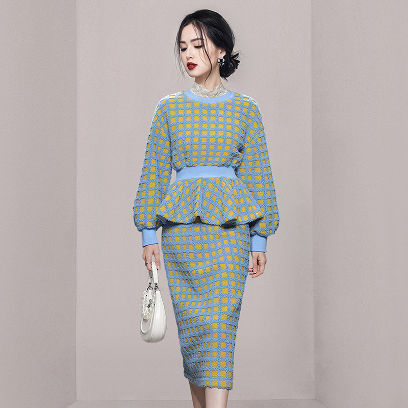 Autumn Winter Fall Outfits Women New Fashion Contrast Color Checkered Sweater Top Hip Wrap Skirt Set Women 2 Pieces alx