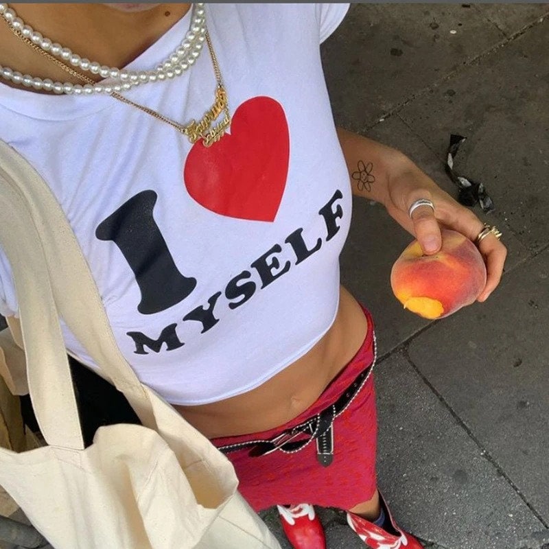 I Love Myself White Crop Top y2k Letter Print Heart Trending Summer Graphic Tees Women Street Cropped Baby Tee 2000s Slogan Text T Shirts