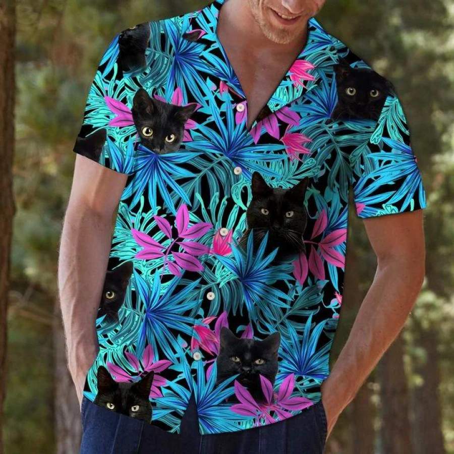 Black Cat Tropical Leaves Hawaiian Shirt Ha29450