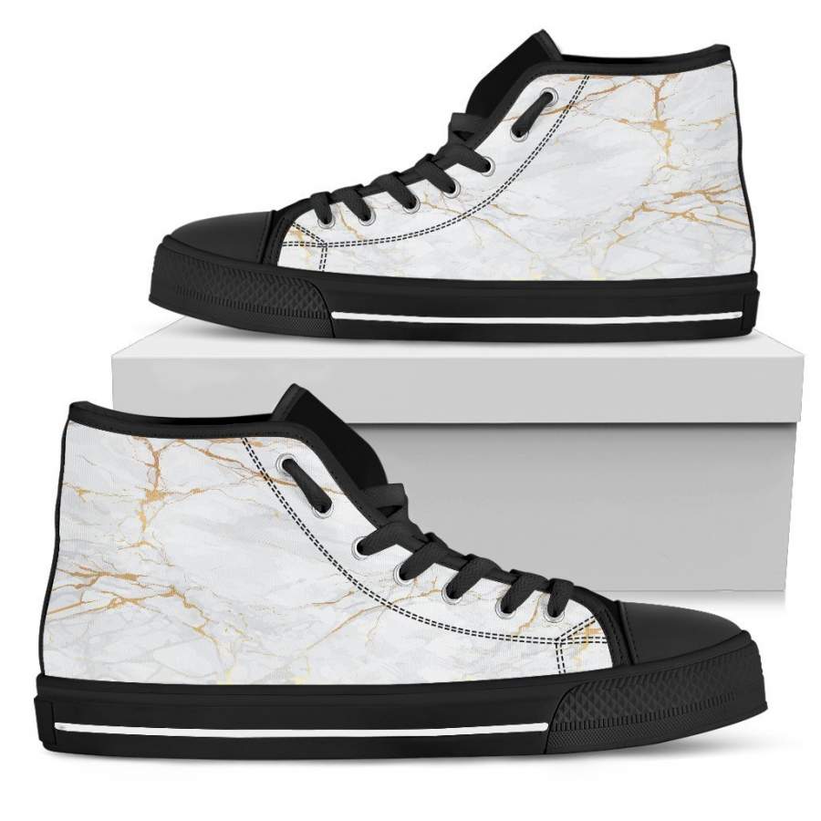 White Gray Marble Print Men’s High Top Shoes