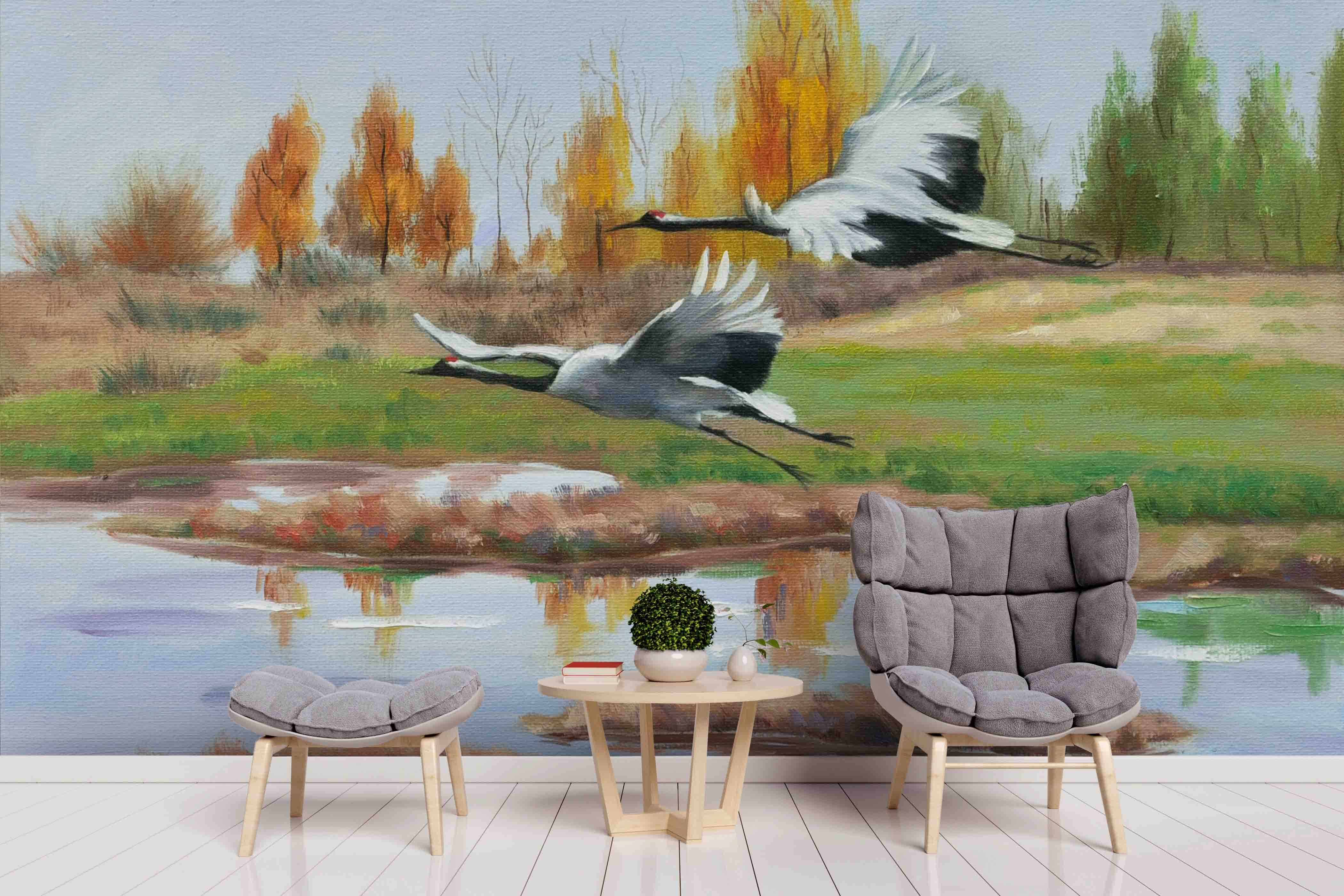 3D Realistic River Flying Crane Animal Wall Mural Wallpaper Lxl 1637