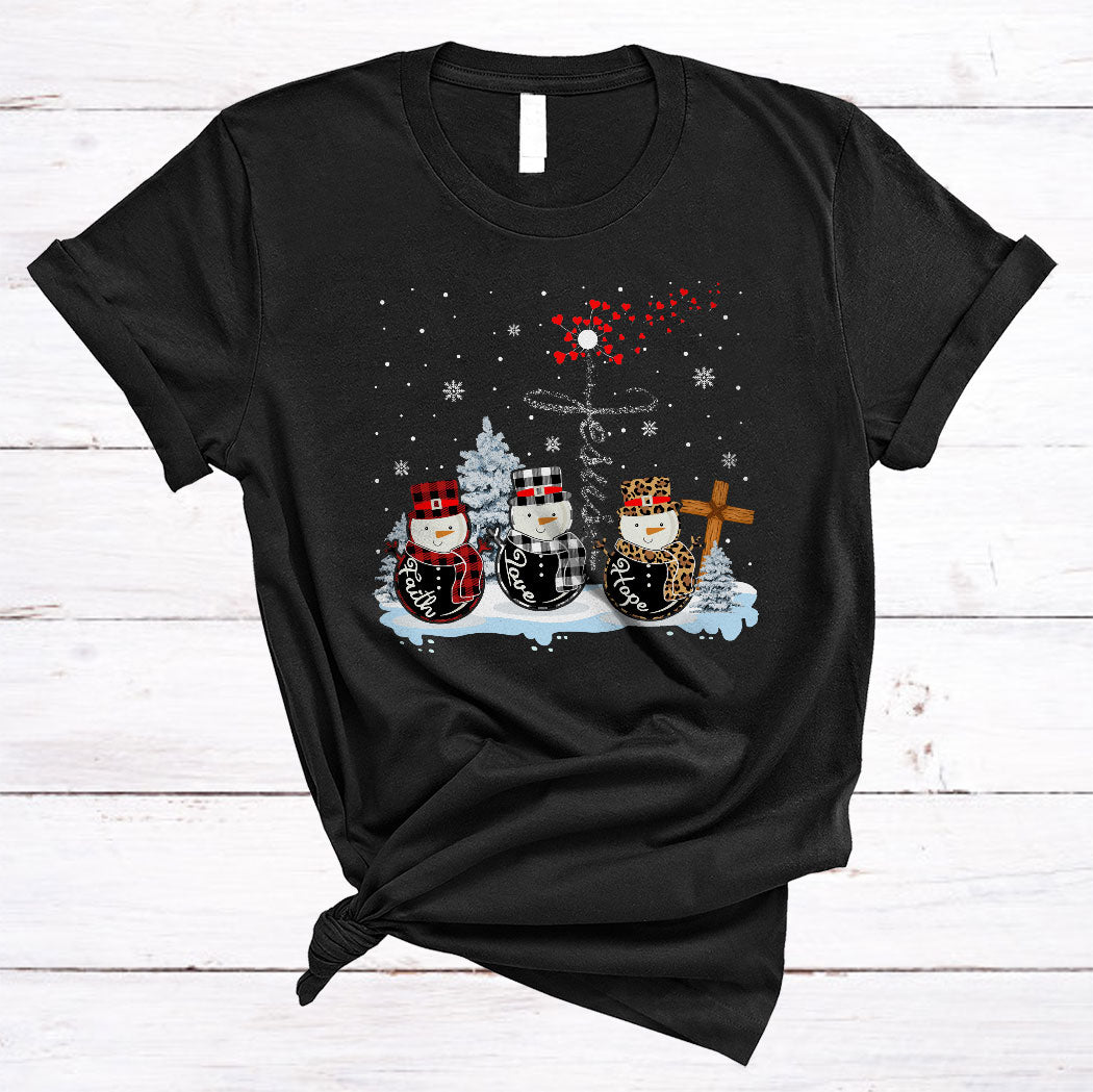 Faith Hope Love Cute Christmas Christian Snowman Jesus Dandelion Gnome Leopard Plaid T-Shirt