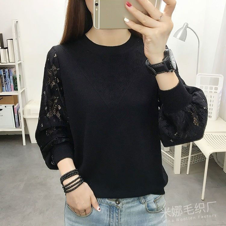 Spring Autumn New Bottoming Shirt Sweater Women’s Lace Long-sleeved Stitching Round Neck Hollow Loose Knitted Top S-4XL alx