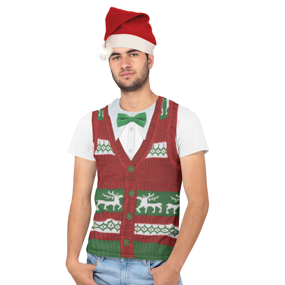 Ugly Christmas Sweater All Over Mens Costume T Shirt With Santa Hat