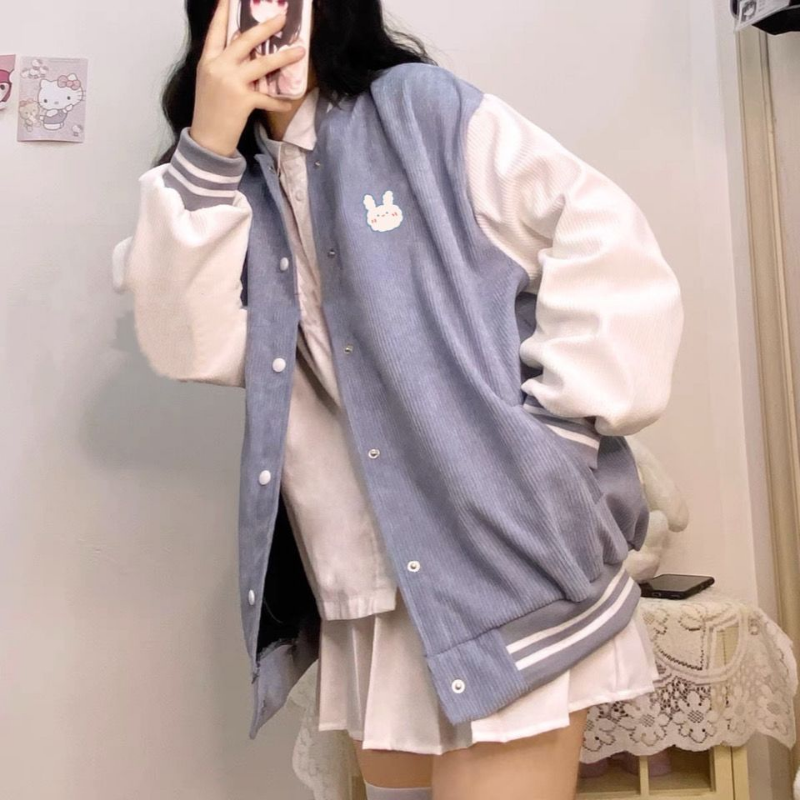 Autumn Women Baseball Uniform Jacket Harajuku Cute Bunny Embroidery Loose Pocket Bomber Sweatshirt Girls Casual Corduroy Coat alx