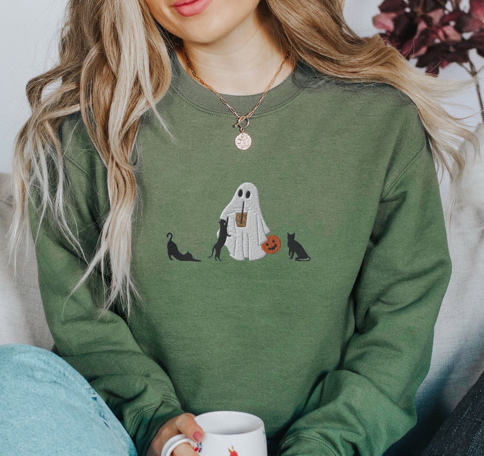 Embroidered Ghost Coffee Cats Sweatshirt 2D Crewneck Sweatshirt All Over Print Sweatshirt For Women Sweatshirt For Men Sws2504