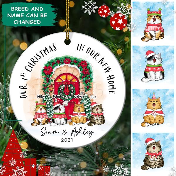 First Christmas In Our New Home – Cat Lover Circle Ceramic Ornament – Personalized Decorative Christmas Ornament