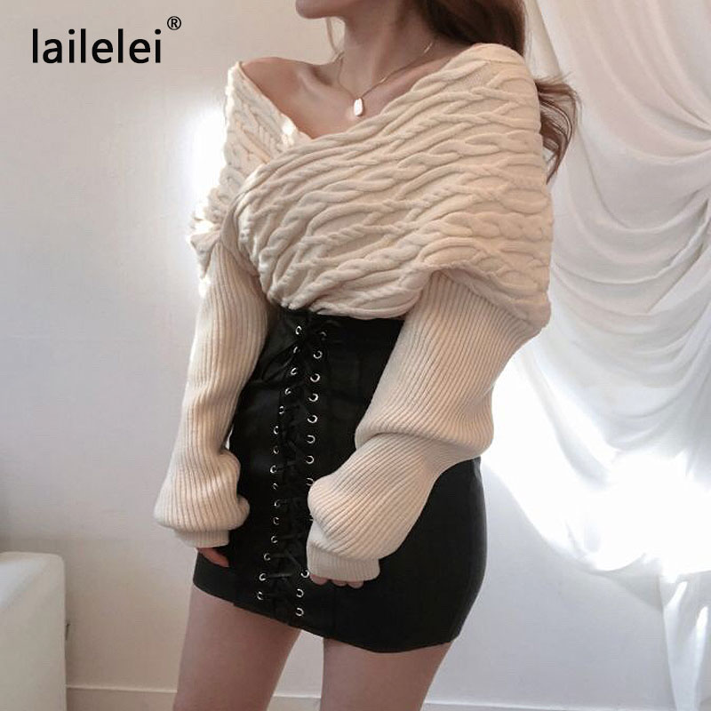 Chic Off Shoulder Sexy V-neck Cross Loose Twist Patchwork Sweaters Solid Color Long Sleeve Knitted Pullovers Autumn Spring 2021 alx