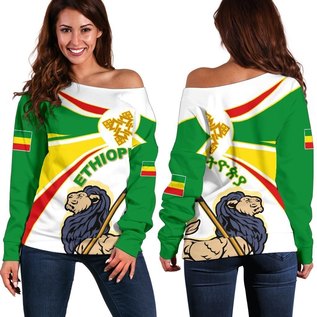 Wonder Print Shop Ethiopia Women’S Off Shoulder Sweater, Ethiopia Round Lion Ver02