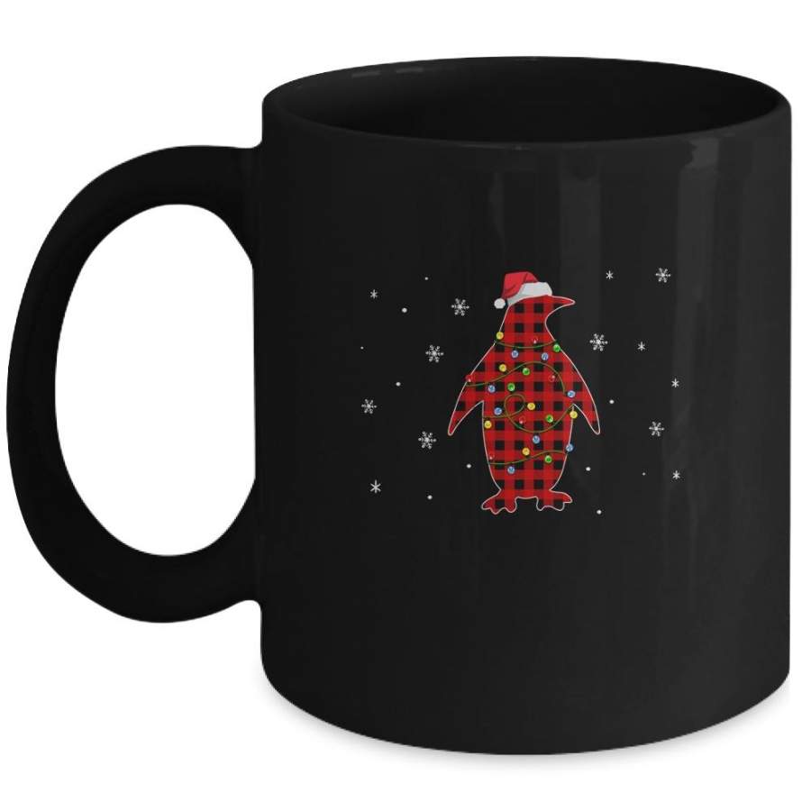 Red Plaid Penguin Christmas Lights Santa Hat Pajamas Mug