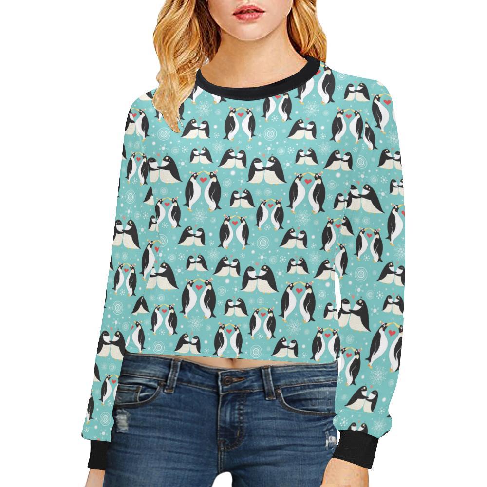 Penguin Love Print Cropped Pullover Sweatshirt