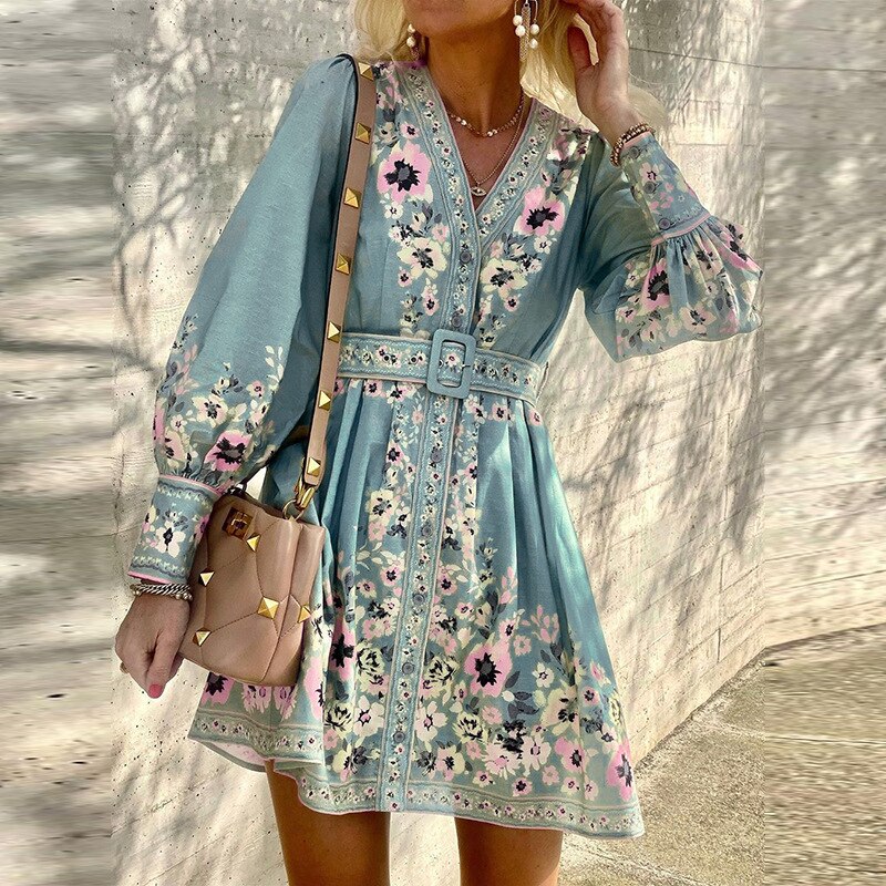 Vintage Floral Print Loose Party Dress Summer Women V Neck Bohemain Mini Dress Sexy Long Sleeves Elegant Sashes Dress Vestidos alx