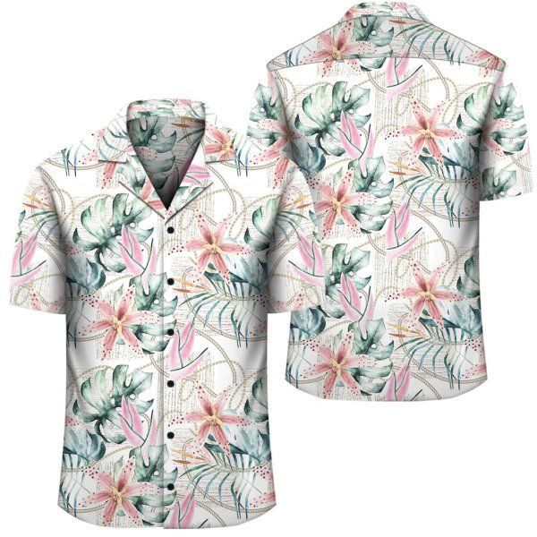 Tropical Pattern With Orchids Leaves And Gold Chains Hawaiian Shirt 1