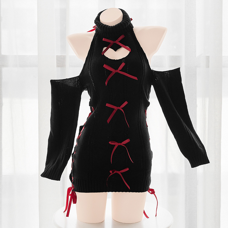 Sexy Bunny Girl Hollow Out Backless Women Cute Tempatation Cosplay Costume Turtleneck Sweater Sweet Long Sleeve Open Chest Dress alx