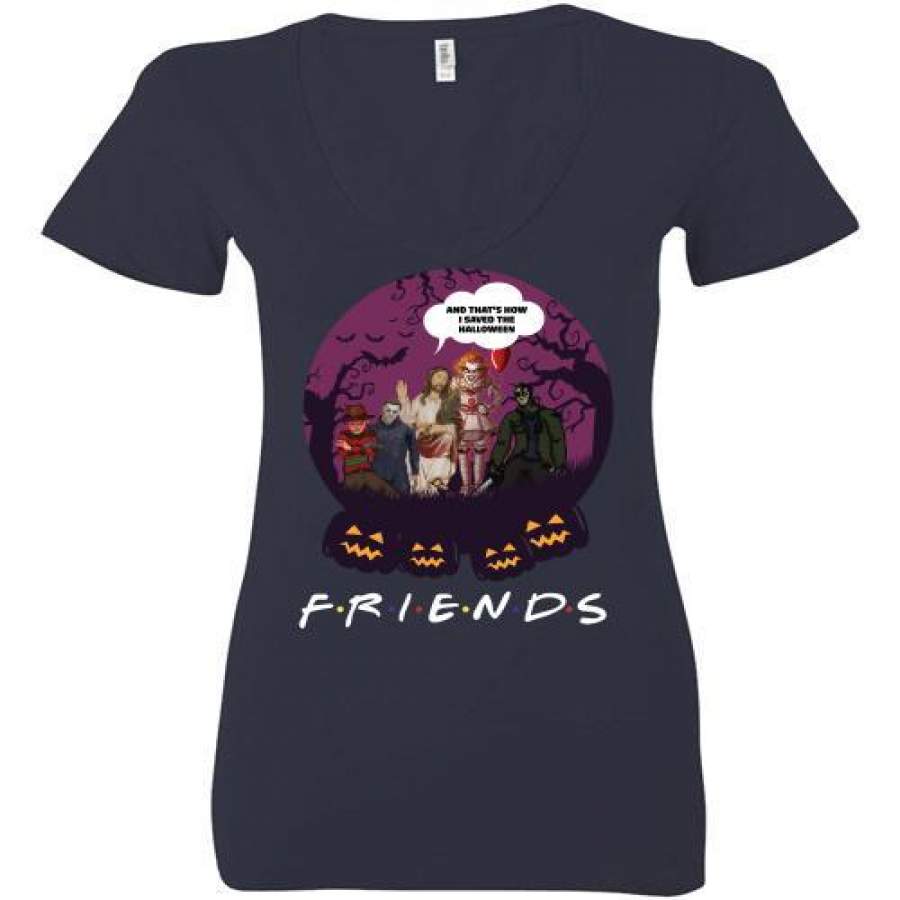 Halloween Friends TV Show Horror Movie Characters And Jesus And That’s How I Saved Ladies Deep V-Neck