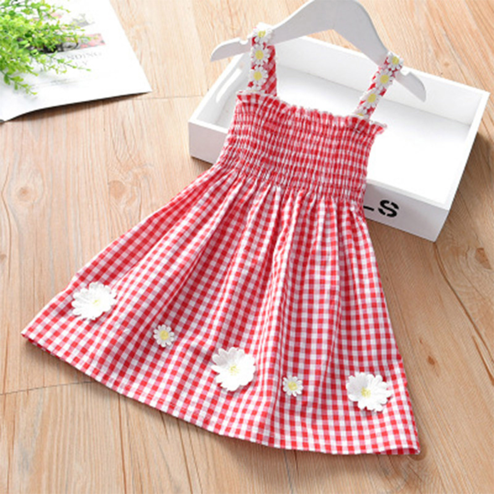 Toddler Kids Baby Girls Sleeveless Flower Strap Dress Plaid Ruffle Princess Beach Bell Sleeve Dress Girls Dresses for Girls 7-16 alx