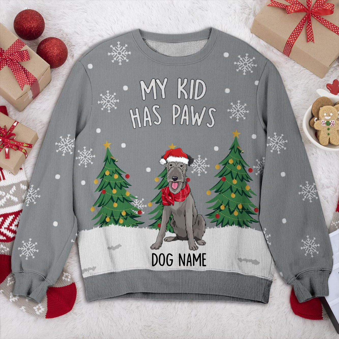 Wolfhound My Kid Has Paws Personalized Sweater, Dog Ugly Christmas Sweater